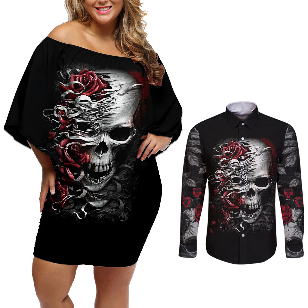 skull-couples-matching-off-shoulder-short-dress-and-long-sleeve-button-shirts-three-skull-no-see-evil-rose