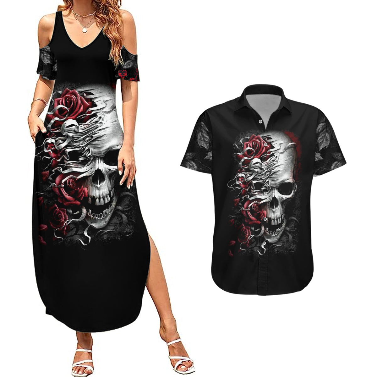 skull-couples-matching-summer-maxi-dress-and-hawaiian-shirt-three-skull-no-see-evil-rose