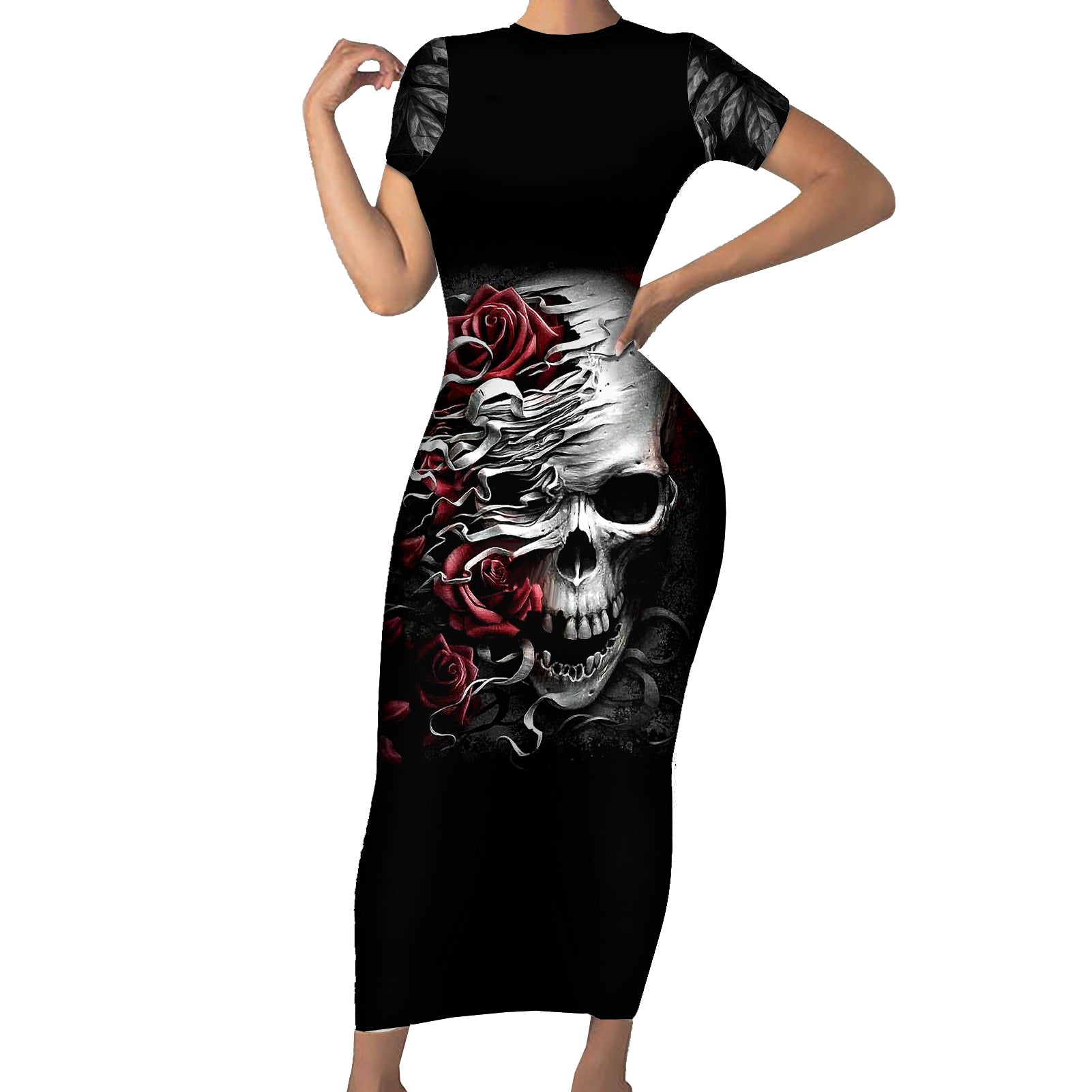 skull-short-sleeve-bodycon-dress-three-skull-no-see-evil-rose