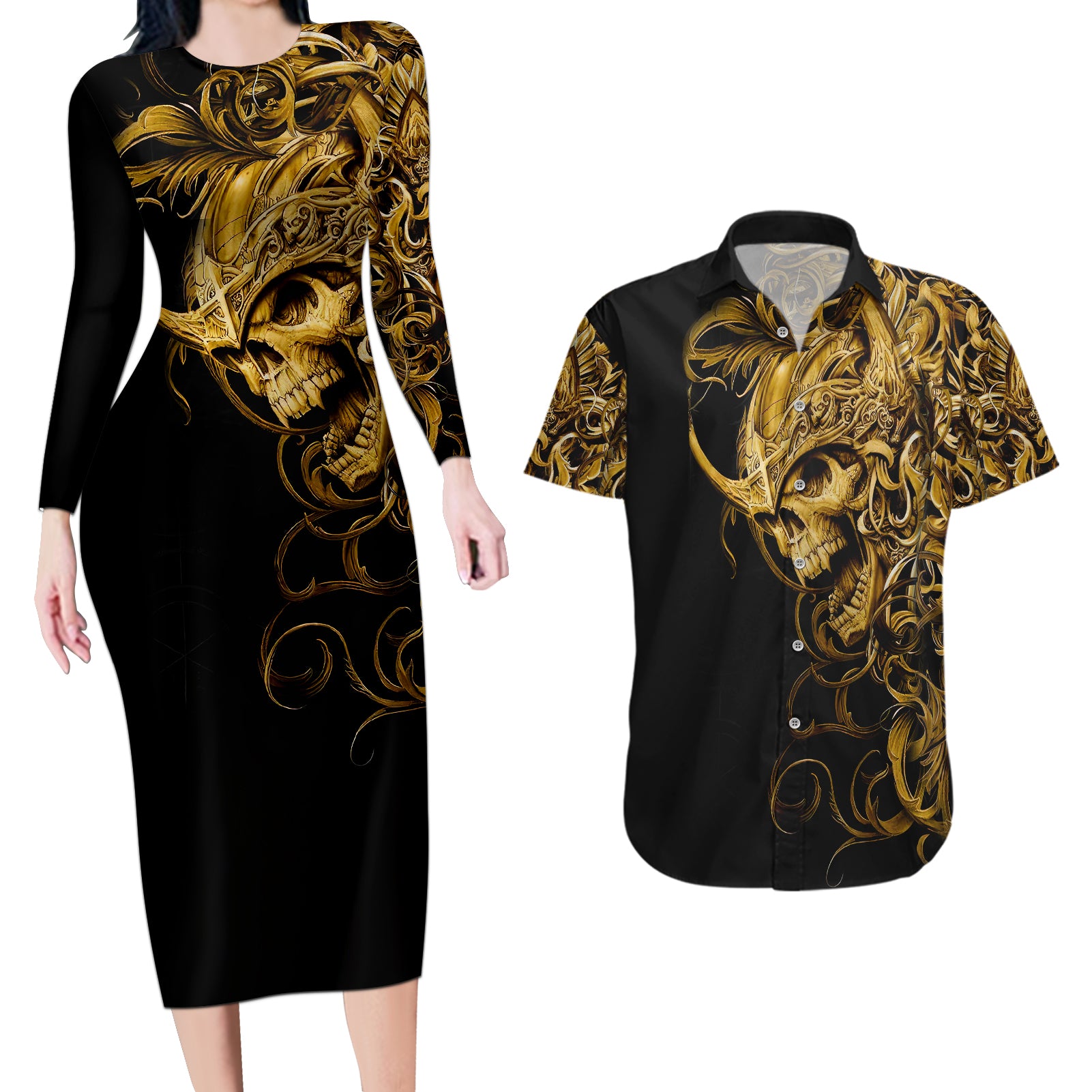 skull-couples-matching-long-sleeve-bodycon-dress-and-hawaiian-shirt-golden-warrior-royal