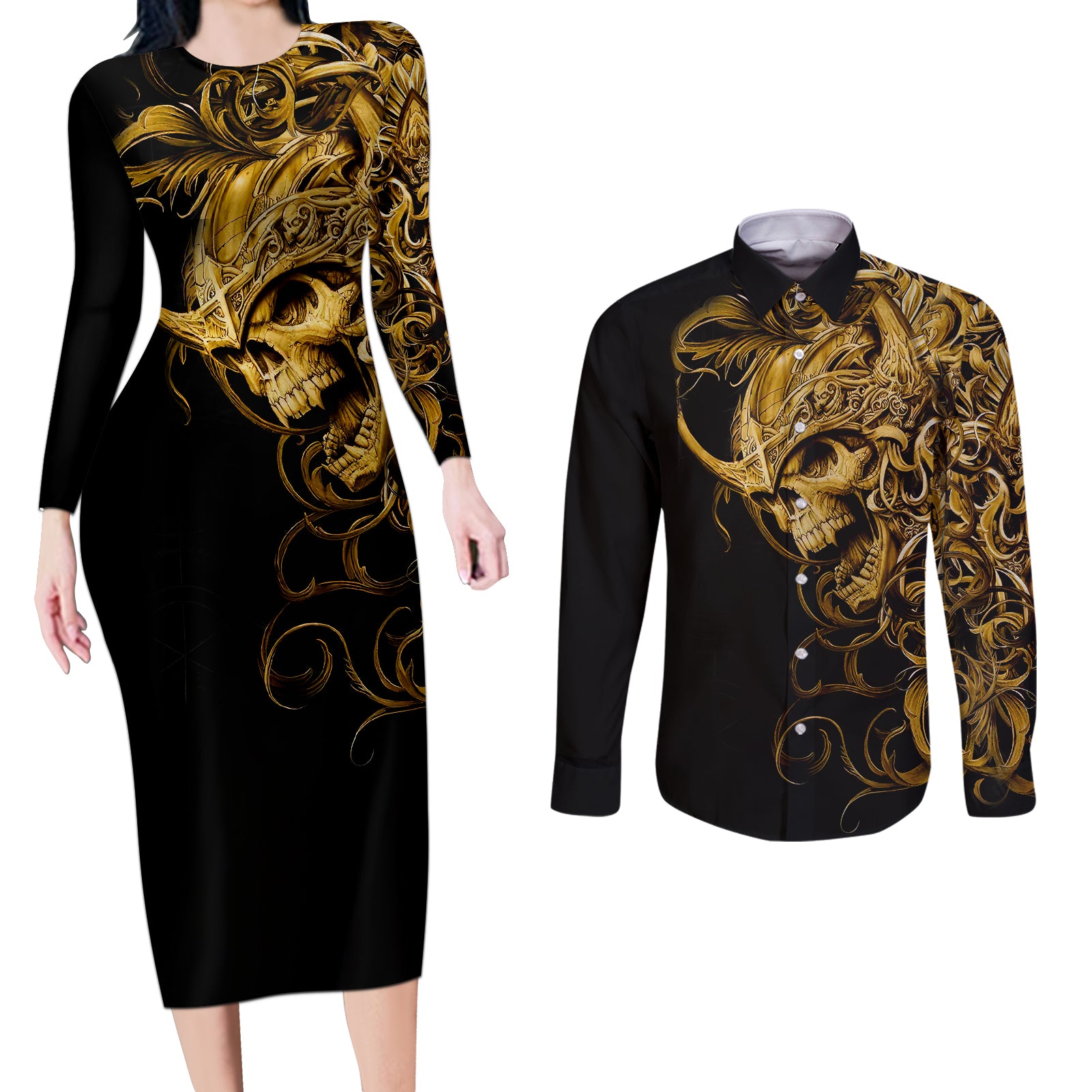 skull-couples-matching-long-sleeve-bodycon-dress-and-long-sleeve-button-shirts-golden-warrior-royal