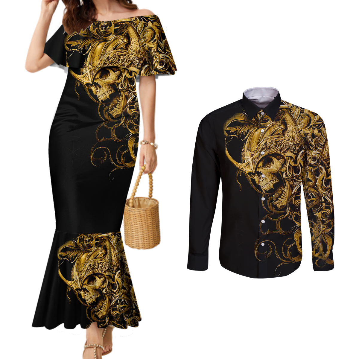 skull-couples-matching-mermaid-dress-and-long-sleeve-button-shirts-golden-warrior-royal