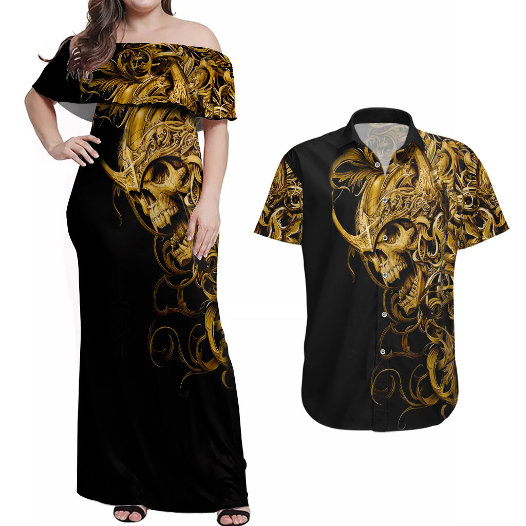 skull-couples-matching-off-shoulder-maxi-dress-and-hawaiian-shirt-golden-warrior-royal