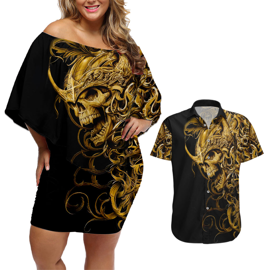 skull-couples-matching-off-shoulder-short-dress-and-hawaiian-shirt-golden-warrior-royal