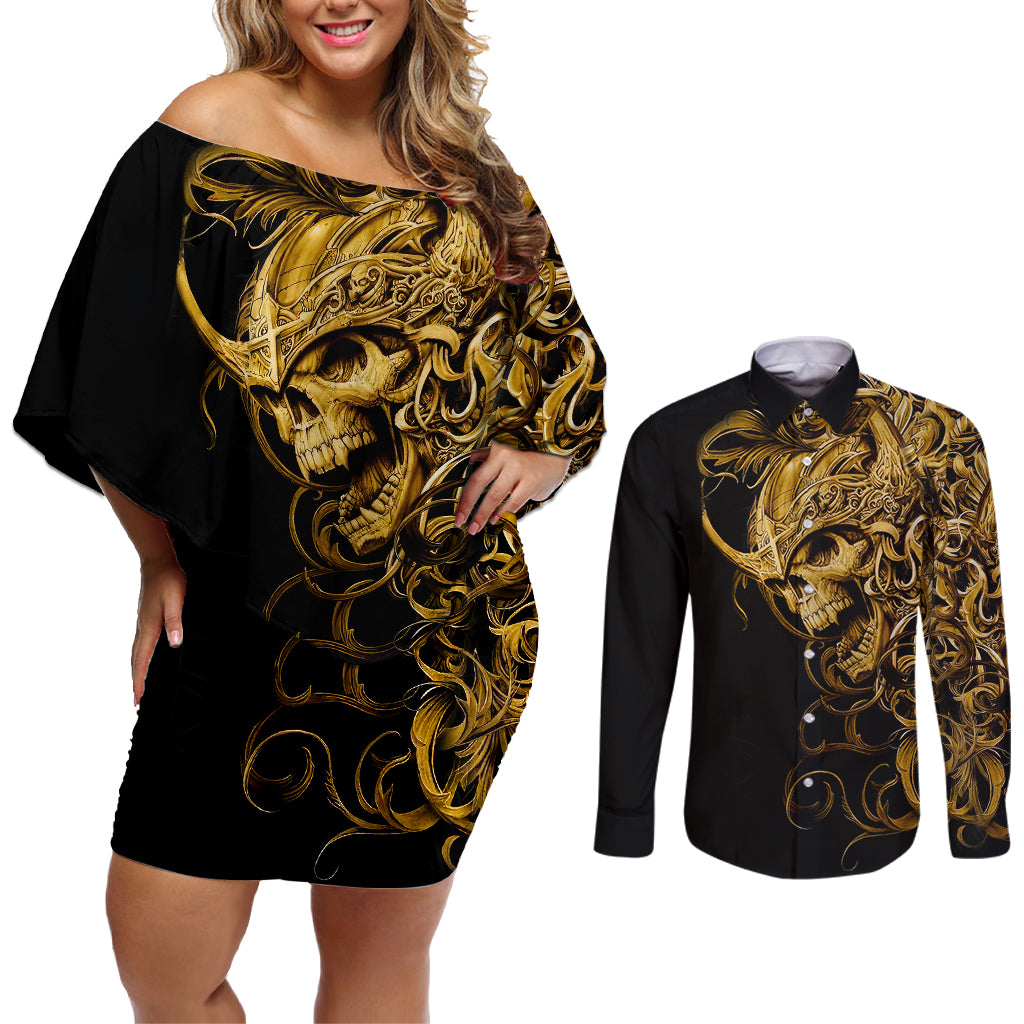 skull-couples-matching-off-shoulder-short-dress-and-long-sleeve-button-shirts-golden-warrior-royal