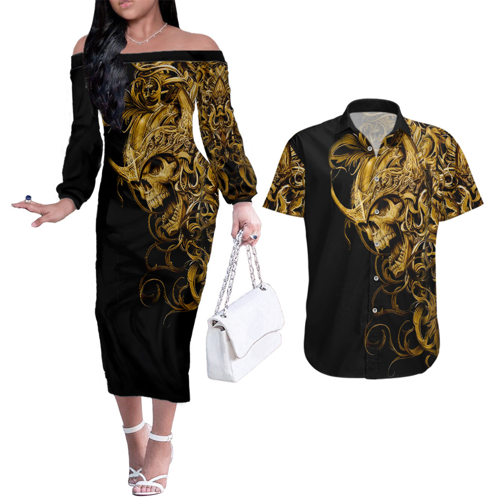 skull-couples-matching-off-the-shoulder-long-sleeve-dress-and-hawaiian-shirt-golden-warrior-royal