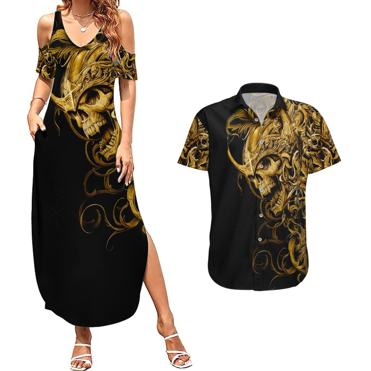 skull-couples-matching-summer-maxi-dress-and-hawaiian-shirt-golden-warrior-royal