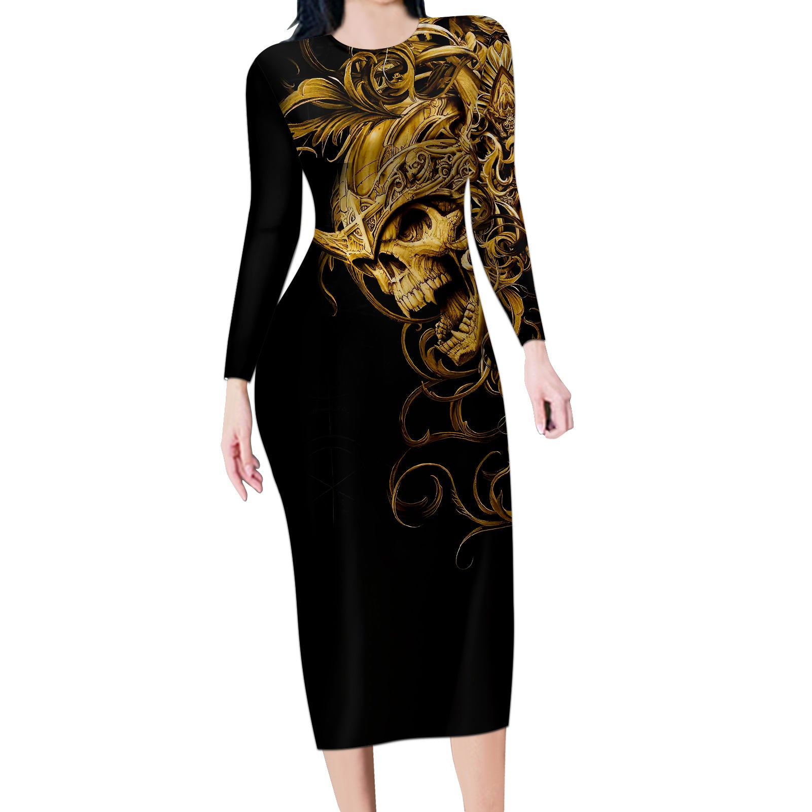 skull-long-sleeve-bodycon-dress-golden-warrior-royal