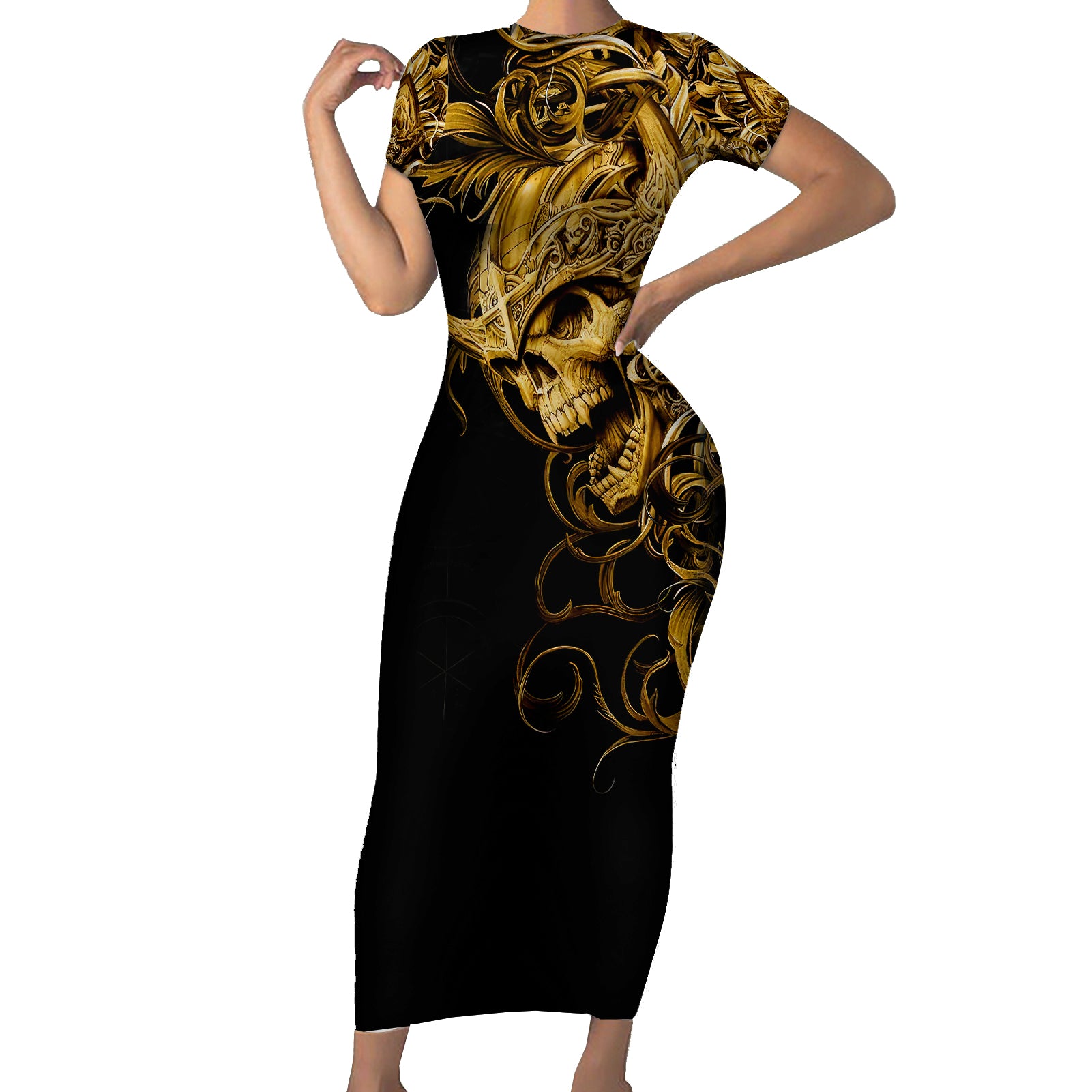 skull-short-sleeve-bodycon-dress-golden-warrior-royal