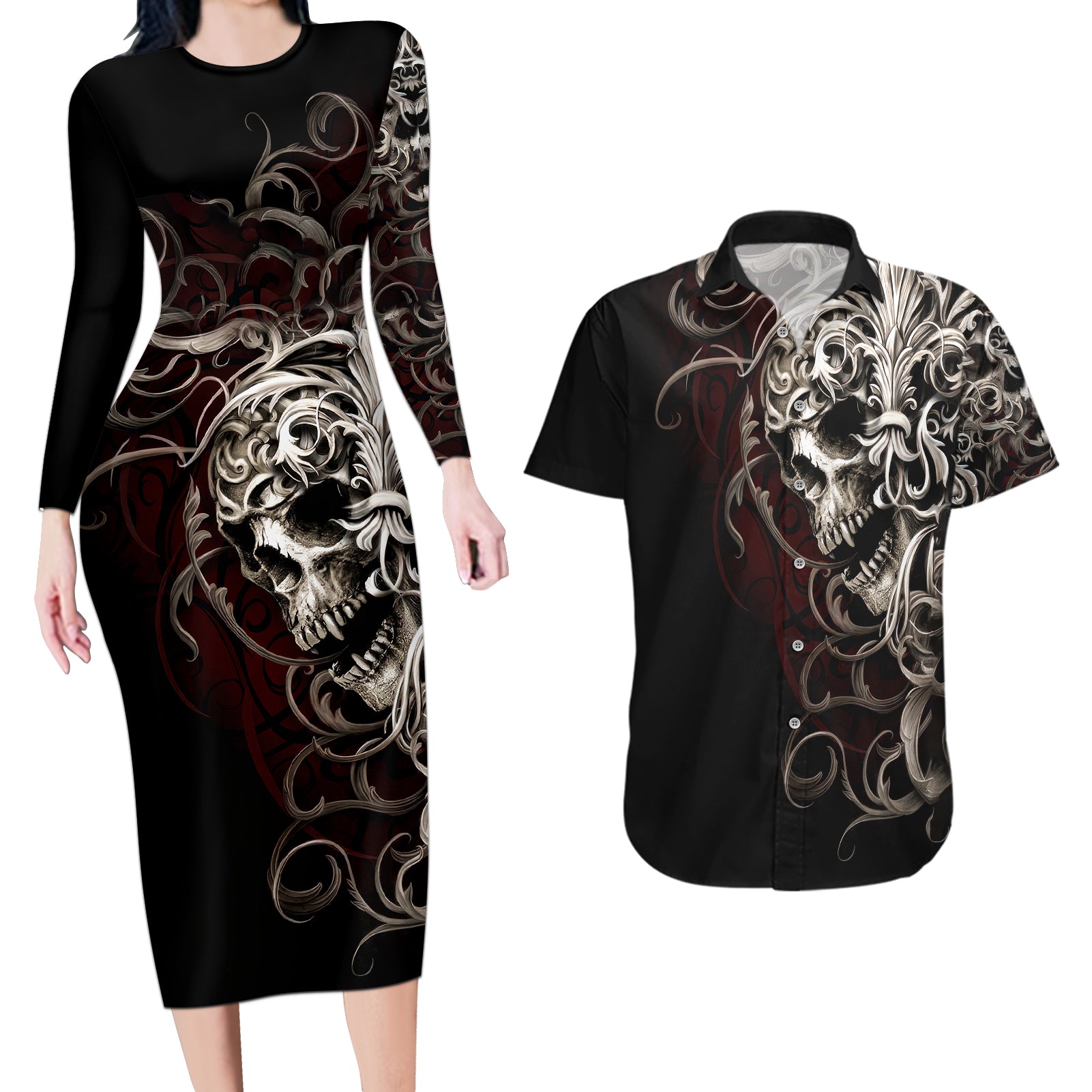 skull-couples-matching-long-sleeve-bodycon-dress-and-hawaiian-shirt-silver-warrior-royal