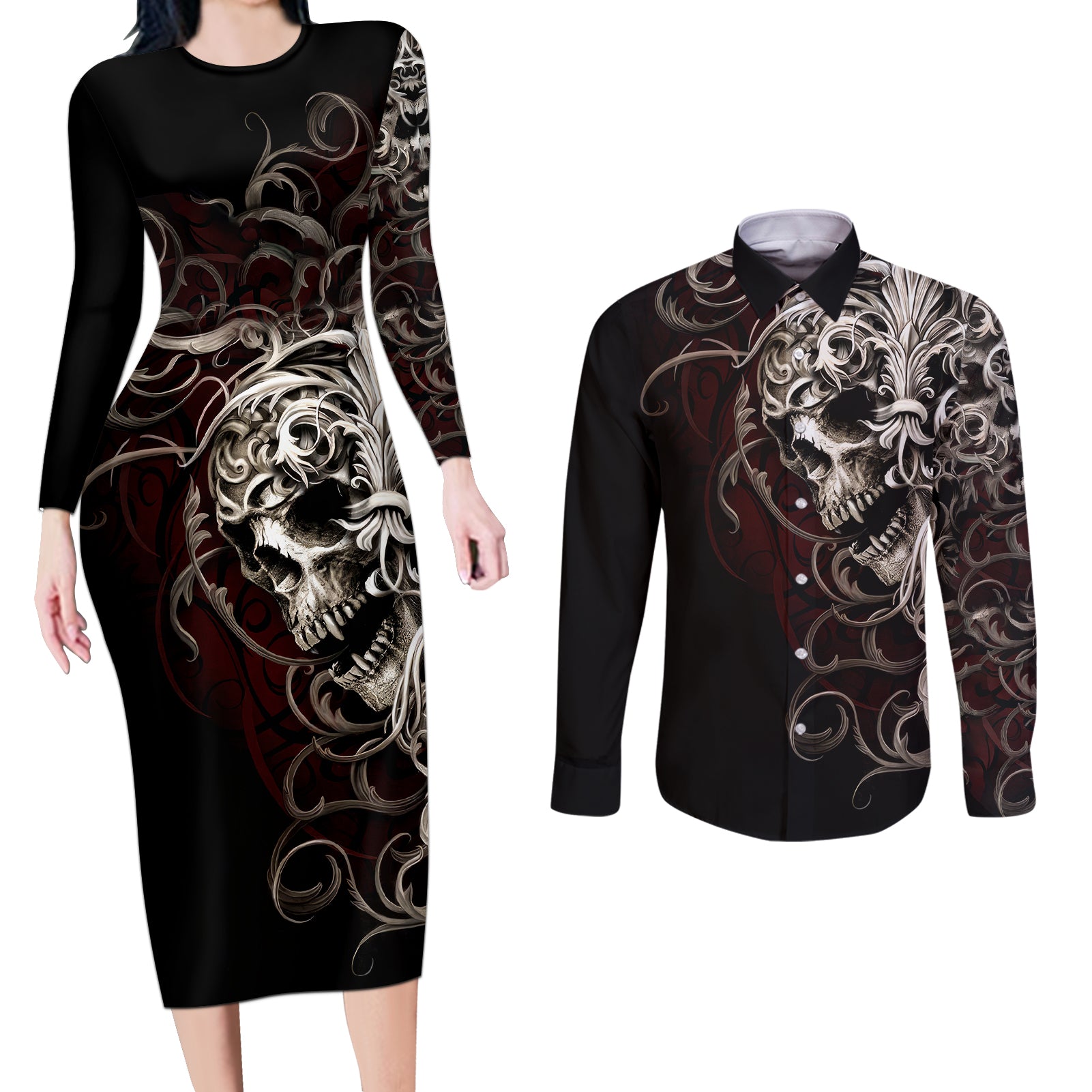 skull-couples-matching-long-sleeve-bodycon-dress-and-long-sleeve-button-shirts-silver-warrior-royal