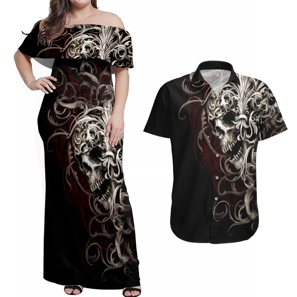 skull-couples-matching-off-shoulder-maxi-dress-and-hawaiian-shirt-silver-warrior-royal