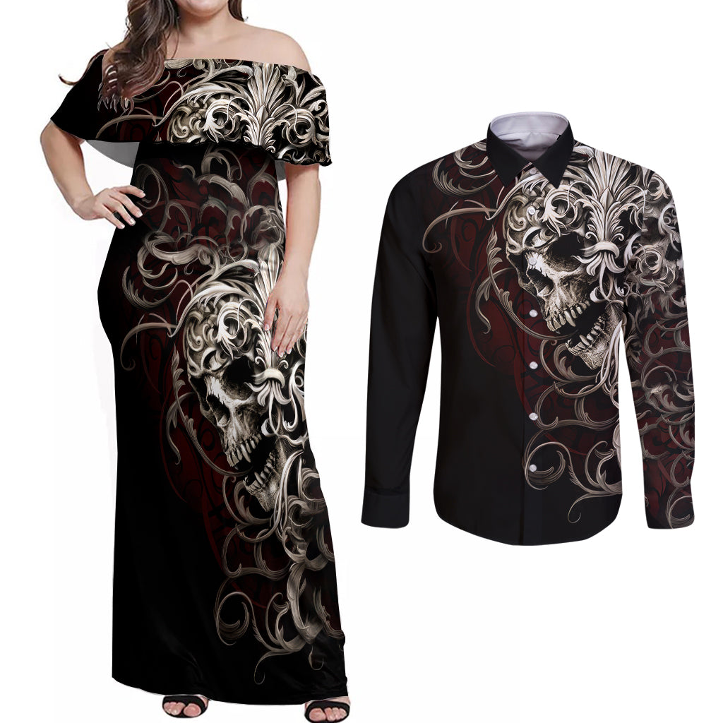 skull-couples-matching-off-shoulder-maxi-dress-and-long-sleeve-button-shirts-silver-warrior-royal