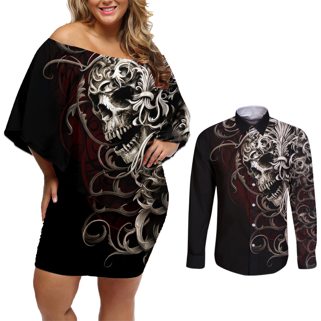 skull-couples-matching-off-shoulder-short-dress-and-long-sleeve-button-shirts-silver-warrior-royal