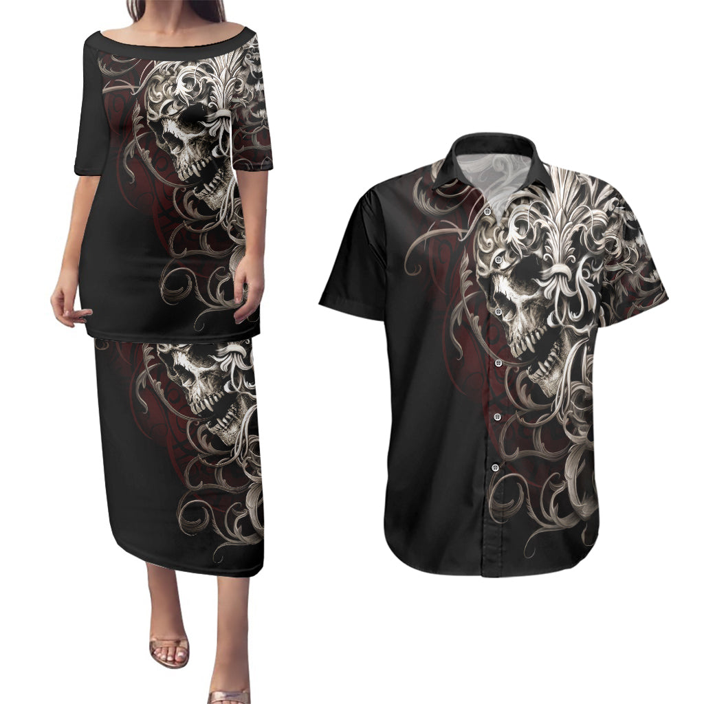 skull-couples-matching-puletasi-dress-and-hawaiian-shirt-silver-warrior-royal