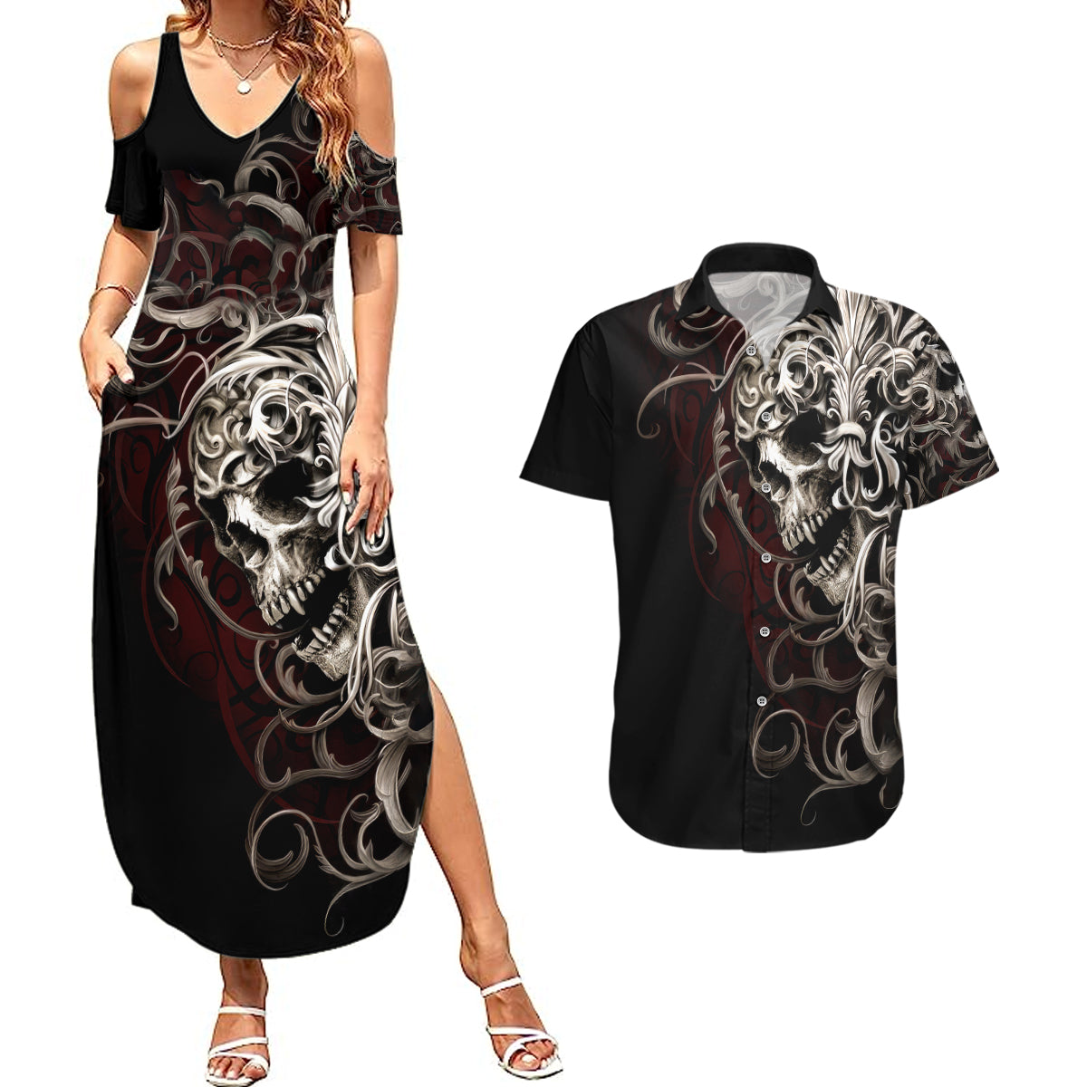 skull-couples-matching-summer-maxi-dress-and-hawaiian-shirt-silver-warrior-royal