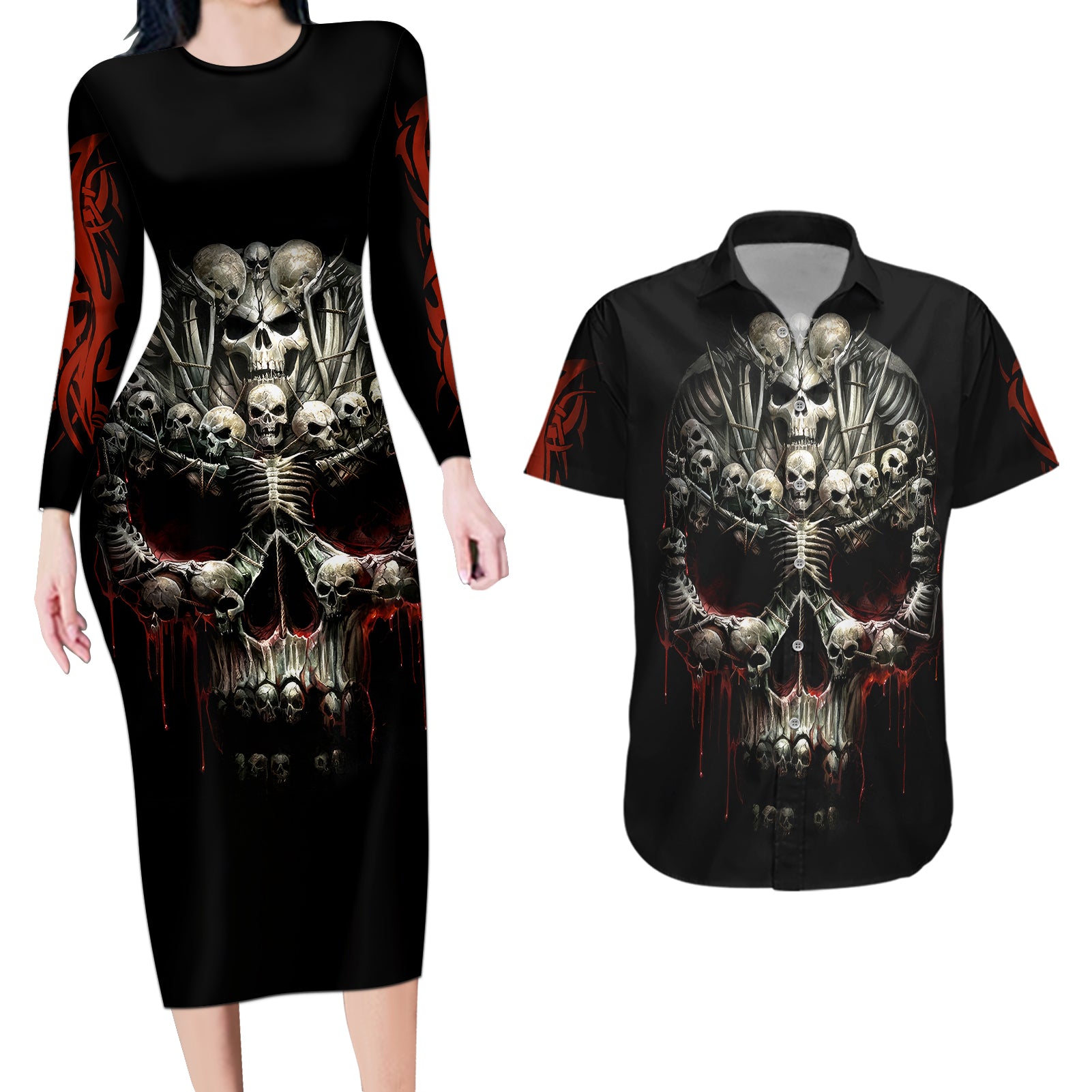 skull-couples-matching-long-sleeve-bodycon-dress-and-hawaiian-shirt-head-skeleton-cross-skull