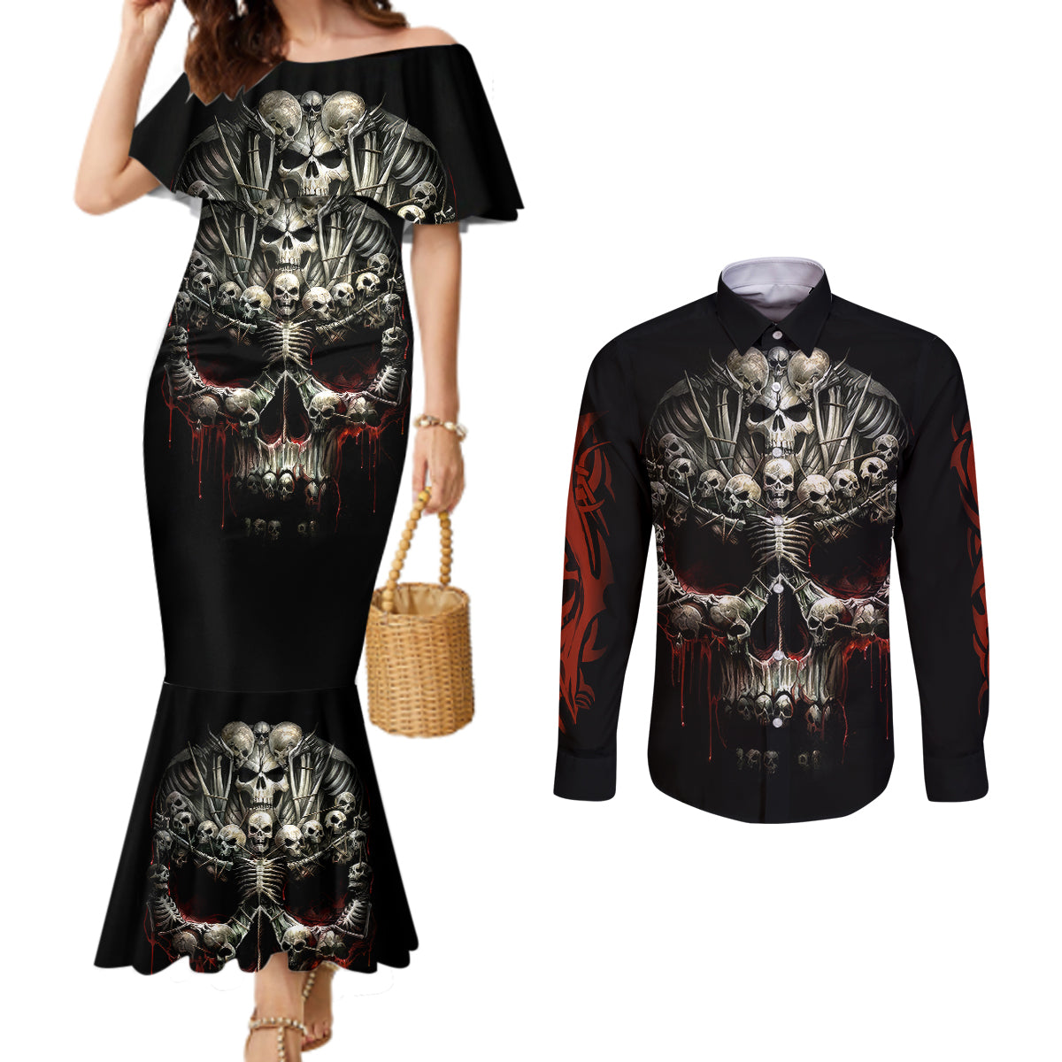 skull-couples-matching-mermaid-dress-and-long-sleeve-button-shirts-head-skeleton-cross-skull