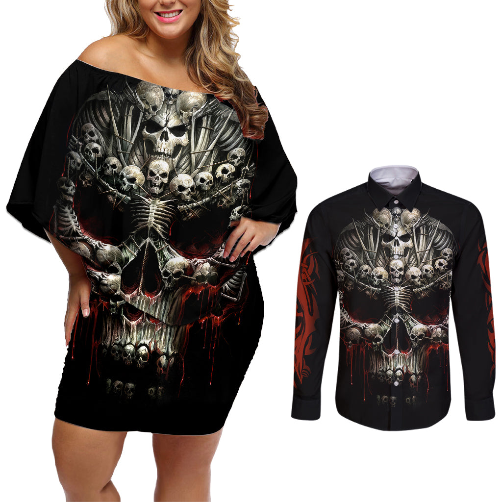 skull-couples-matching-off-shoulder-short-dress-and-long-sleeve-button-shirts-head-skeleton-cross-skull