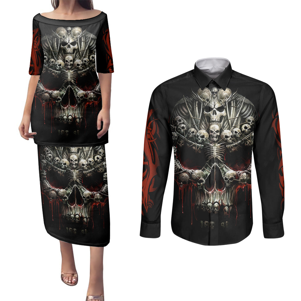 skull-couples-matching-puletasi-dress-and-long-sleeve-button-shirts-head-skeleton-cross-skull