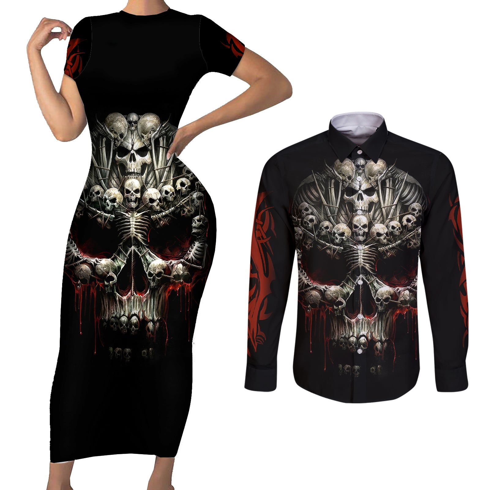 skull-couples-matching-short-sleeve-bodycon-dress-and-long-sleeve-button-shirts-head-skeleton-cross-skull