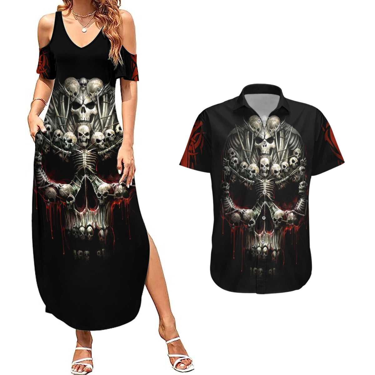 skull-couples-matching-summer-maxi-dress-and-hawaiian-shirt-head-skeleton-cross-skull