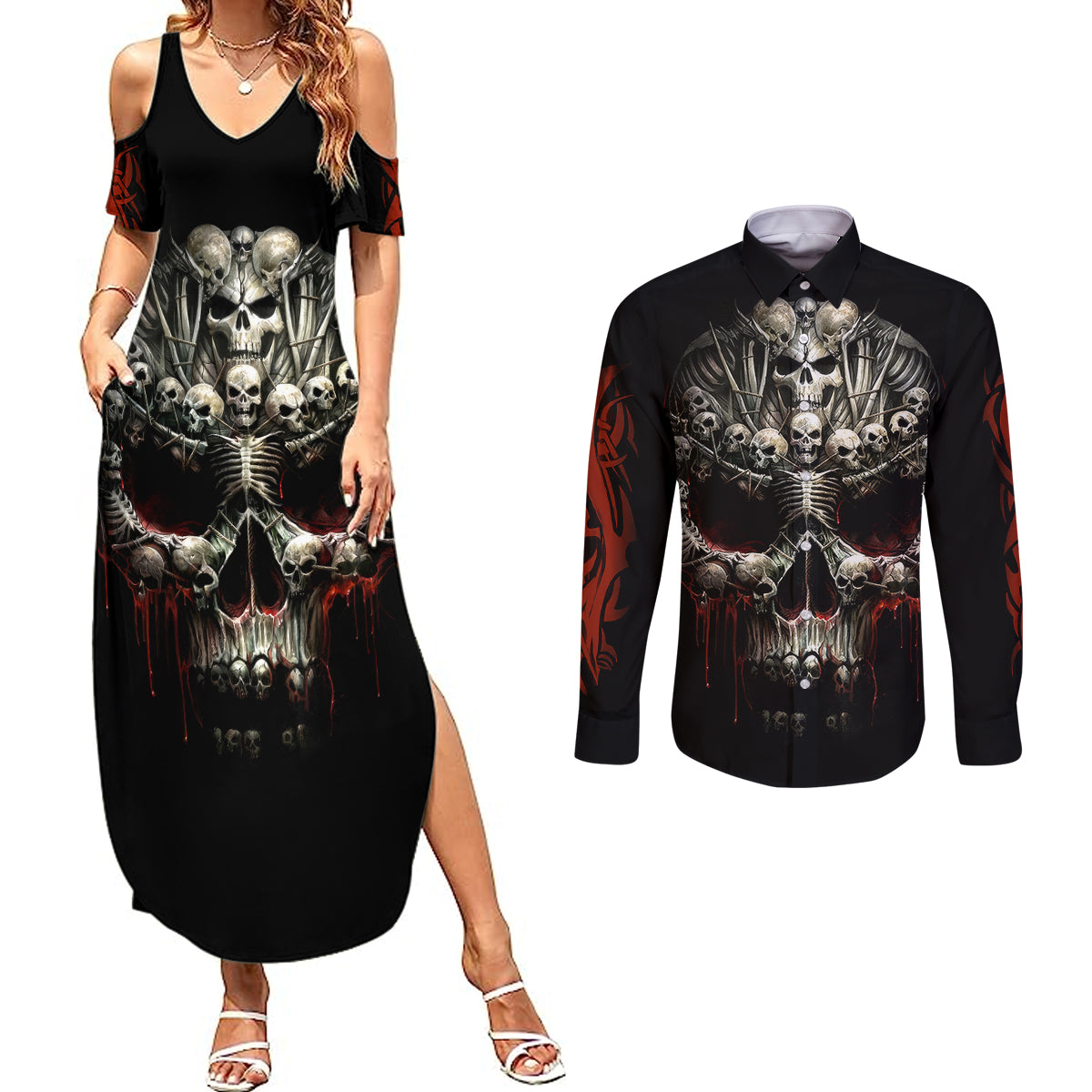 skull-couples-matching-summer-maxi-dress-and-long-sleeve-button-shirts-head-skeleton-cross-skull