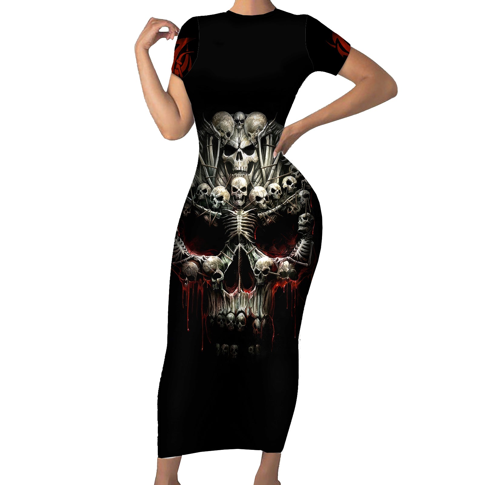 skull-short-sleeve-bodycon-dress-head-skeleton-cross-skull