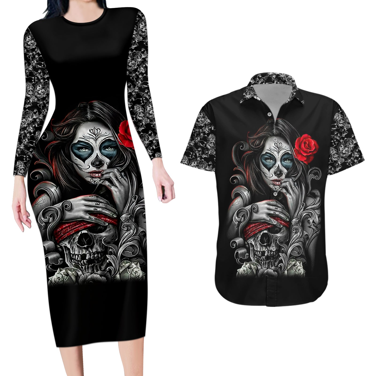 skull-couples-matching-long-sleeve-bodycon-dress-and-hawaiian-shirt-skull-girl-spoiled-wife