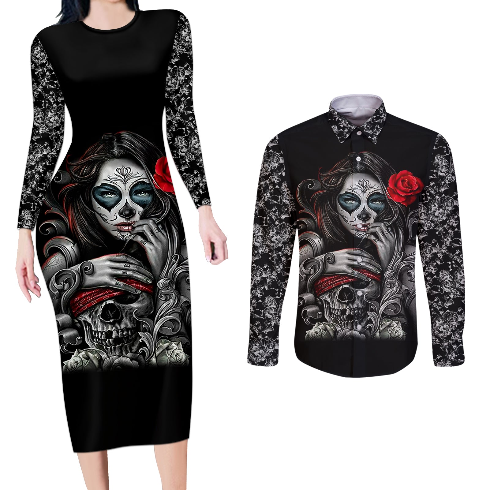 skull-couples-matching-long-sleeve-bodycon-dress-and-long-sleeve-button-shirts-skull-girl-spoiled-wife