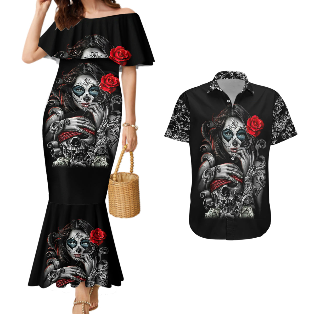 skull-couples-matching-mermaid-dress-and-hawaiian-shirt-skull-girl-spoiled-wife