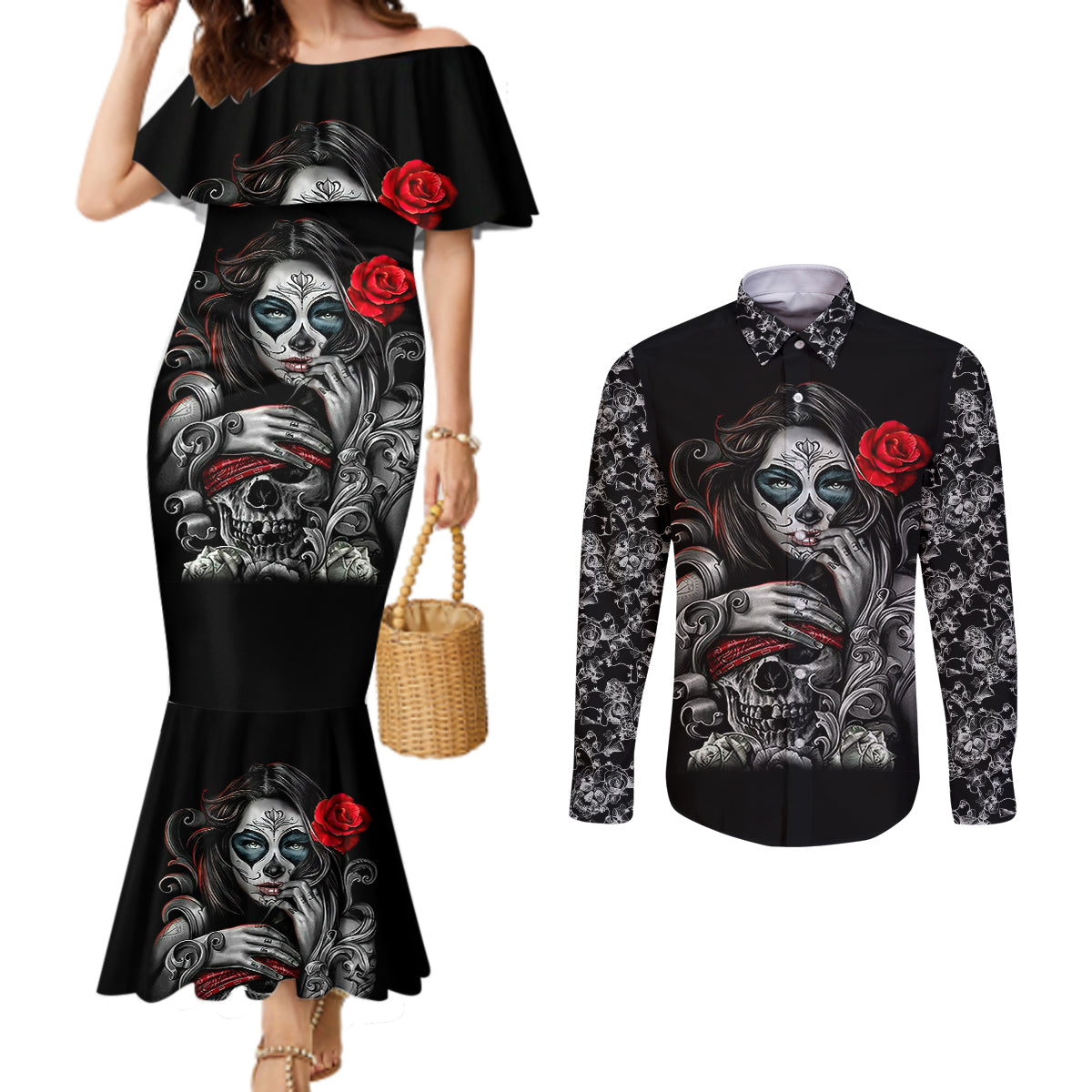 skull-couples-matching-mermaid-dress-and-long-sleeve-button-shirts-skull-girl-spoiled-wife