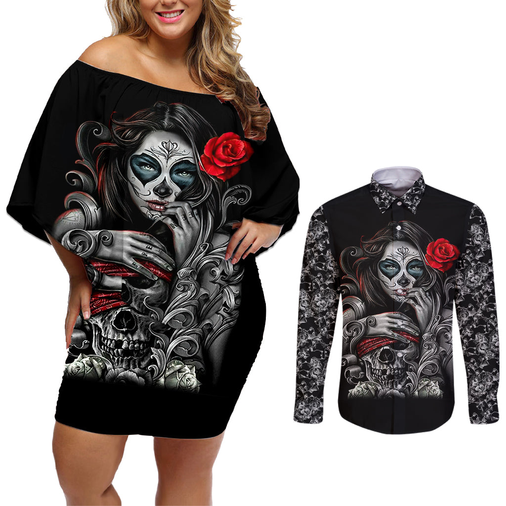 skull-couples-matching-off-shoulder-short-dress-and-long-sleeve-button-shirts-skull-girl-spoiled-wife