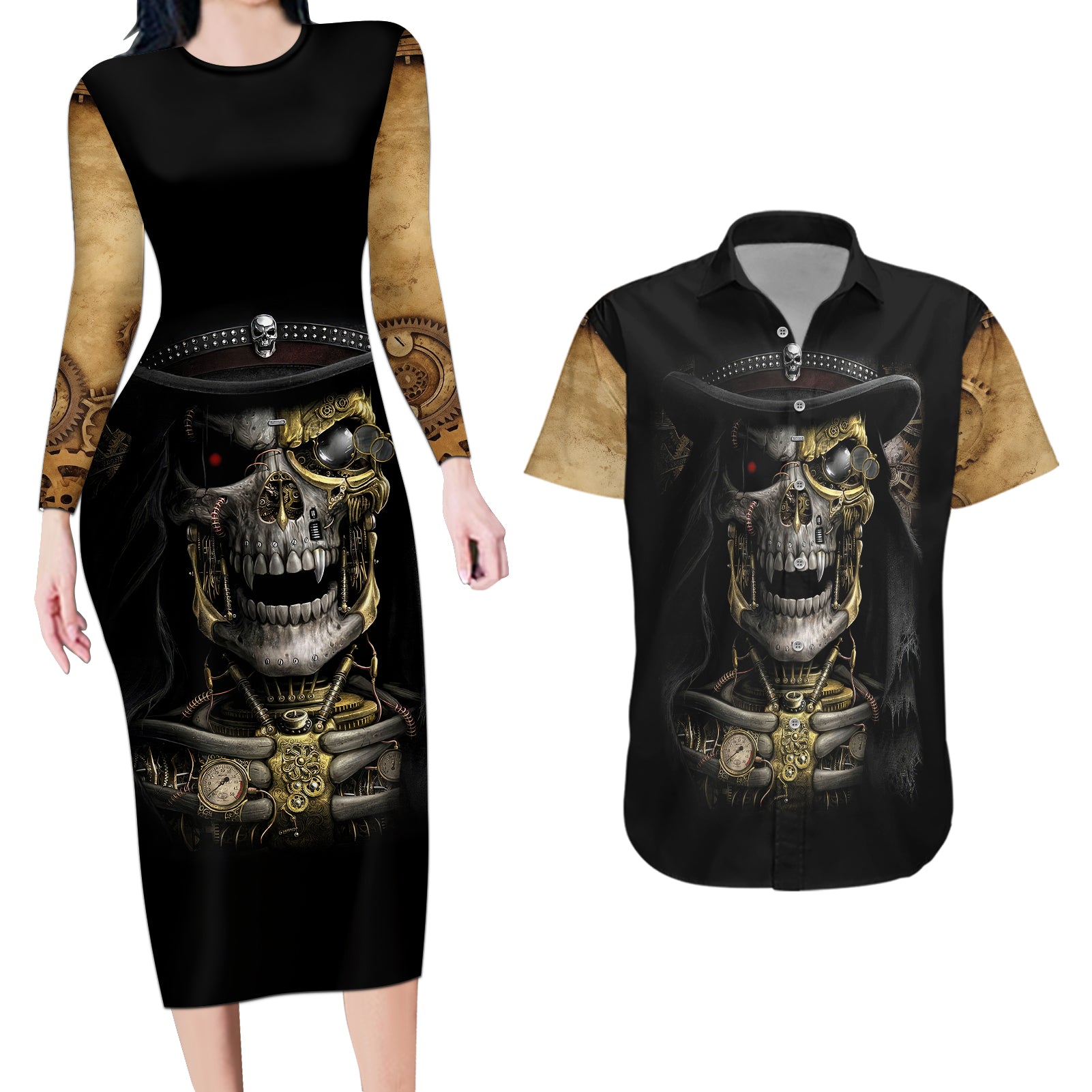 skull-couples-matching-long-sleeve-bodycon-dress-and-hawaiian-shirt-golden-skull-steampunk