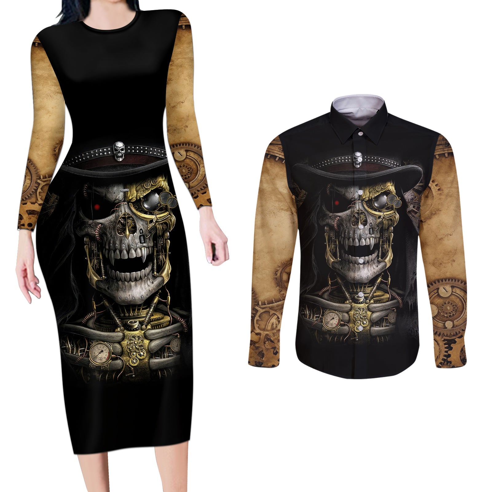 skull-couples-matching-long-sleeve-bodycon-dress-and-long-sleeve-button-shirts-golden-skull-steampunk