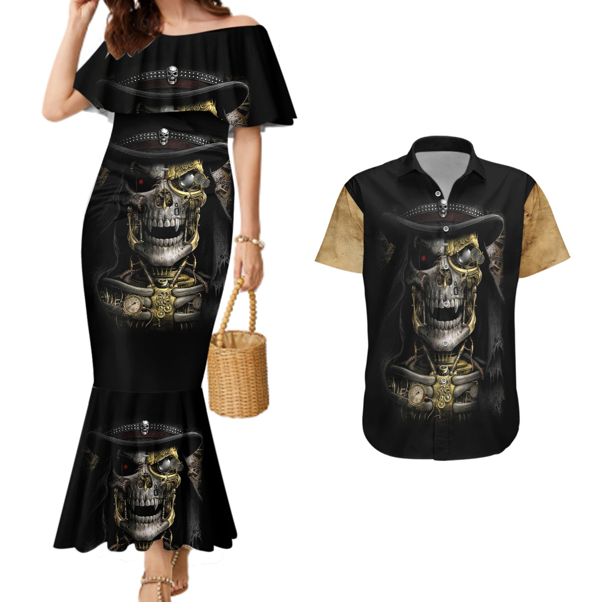 skull-couples-matching-mermaid-dress-and-hawaiian-shirt-golden-skull-steampunk