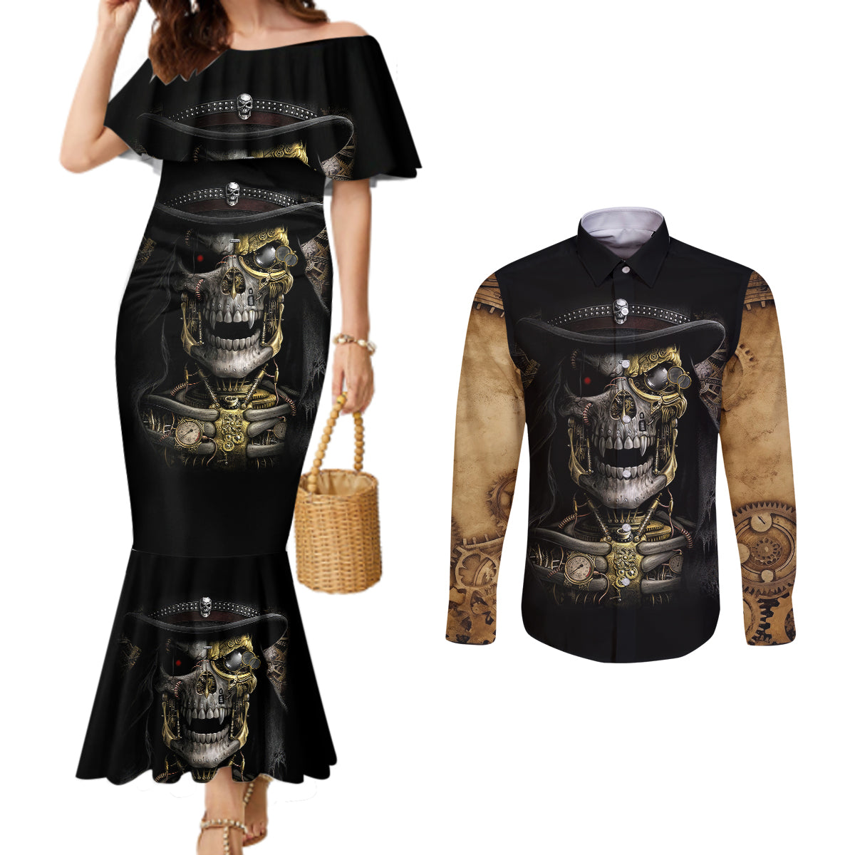 skull-couples-matching-mermaid-dress-and-long-sleeve-button-shirts-golden-skull-steampunk