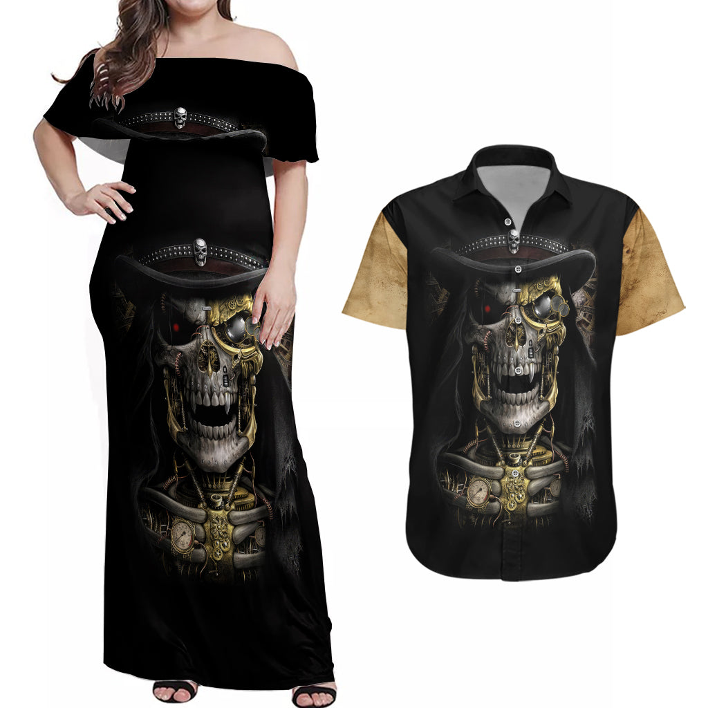 skull-couples-matching-off-shoulder-maxi-dress-and-hawaiian-shirt-golden-skull-steampunk