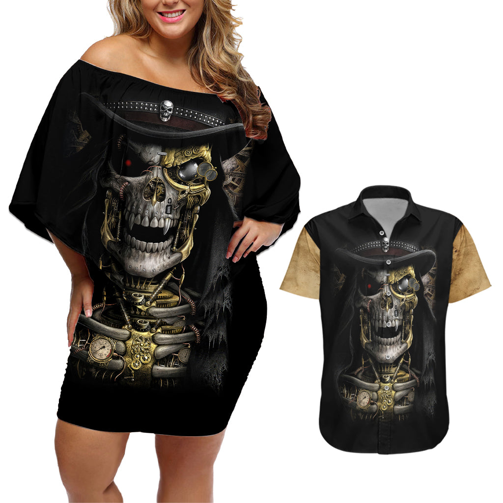 skull-couples-matching-off-shoulder-short-dress-and-hawaiian-shirt-golden-skull-steampunk