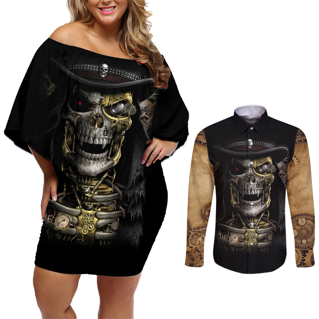 skull-couples-matching-off-shoulder-short-dress-and-long-sleeve-button-shirts-golden-skull-steampunk