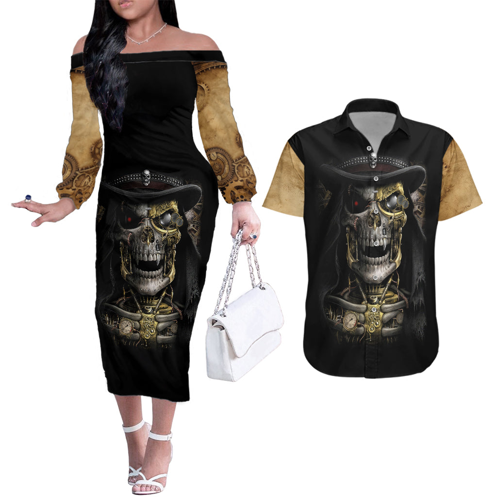 skull-couples-matching-off-the-shoulder-long-sleeve-dress-and-hawaiian-shirt-golden-skull-steampunk