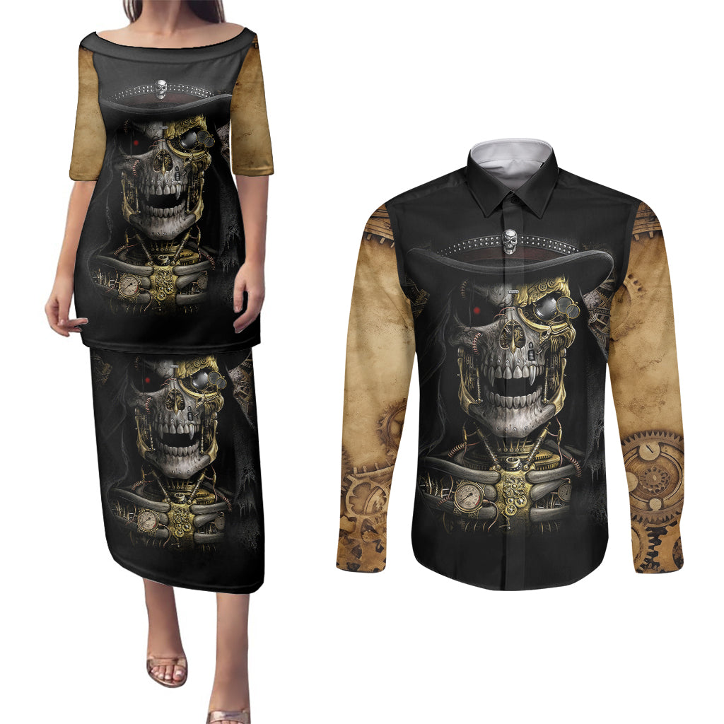 skull-couples-matching-puletasi-dress-and-long-sleeve-button-shirts-golden-skull-steampunk