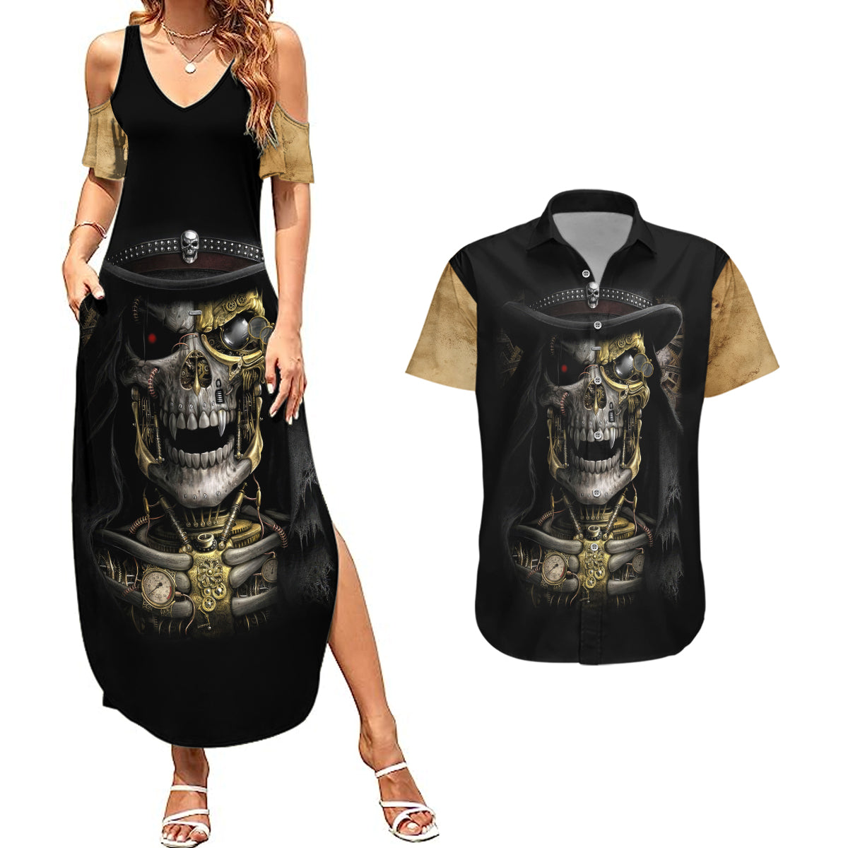 skull-couples-matching-summer-maxi-dress-and-hawaiian-shirt-golden-skull-steampunk