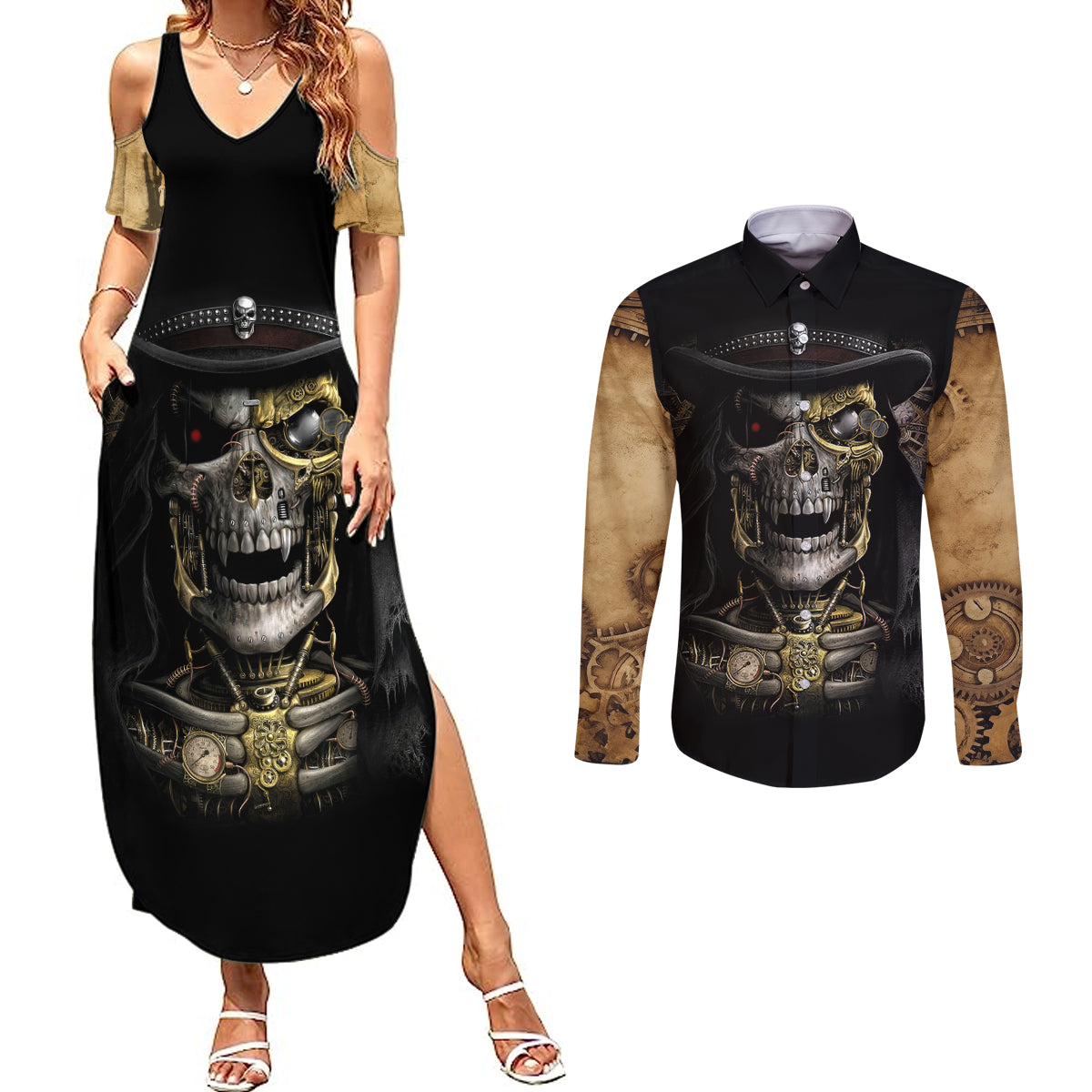 skull-couples-matching-summer-maxi-dress-and-long-sleeve-button-shirts-golden-skull-steampunk