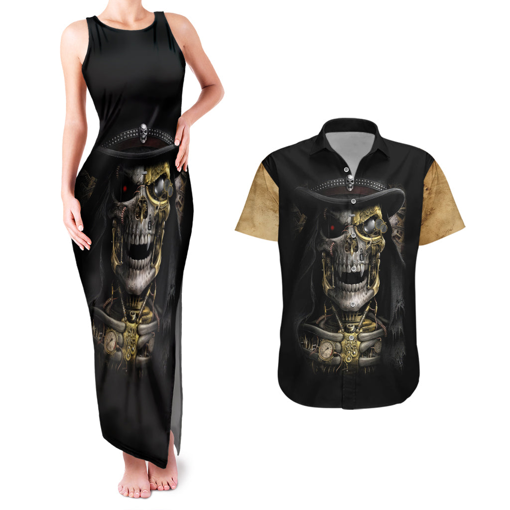 skull-couples-matching-tank-maxi-dress-and-hawaiian-shirt-golden-skull-steampunk