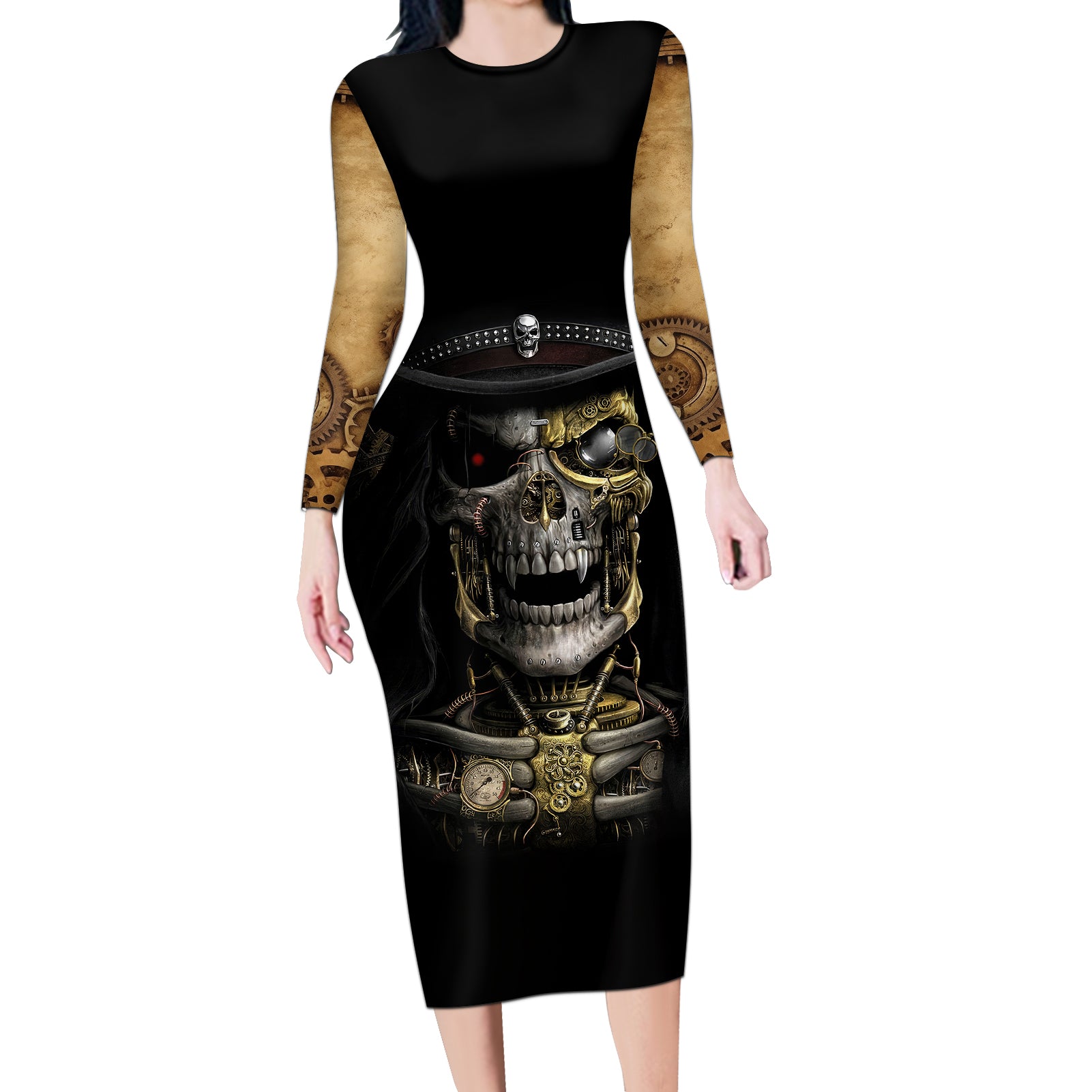 skull-long-sleeve-bodycon-dress-golden-skull-steampunk