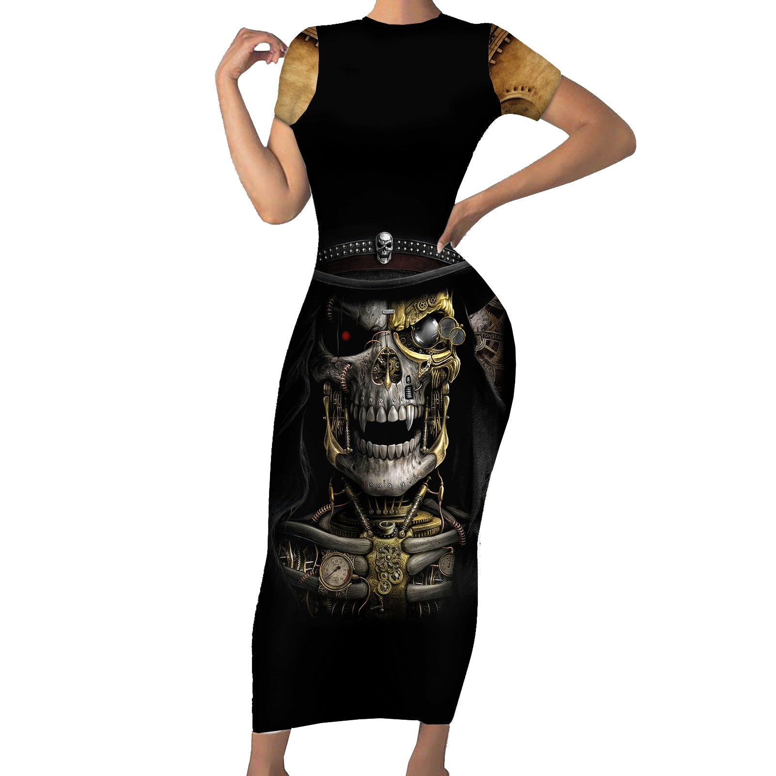 skull-short-sleeve-bodycon-dress-golden-skull-steampunk