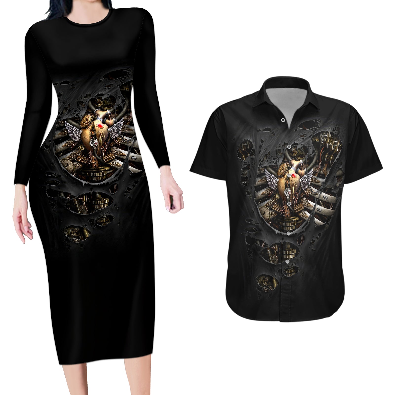 skull-couples-matching-long-sleeve-bodycon-dress-and-hawaiian-shirt-skeleton-steampunk-heart-inside