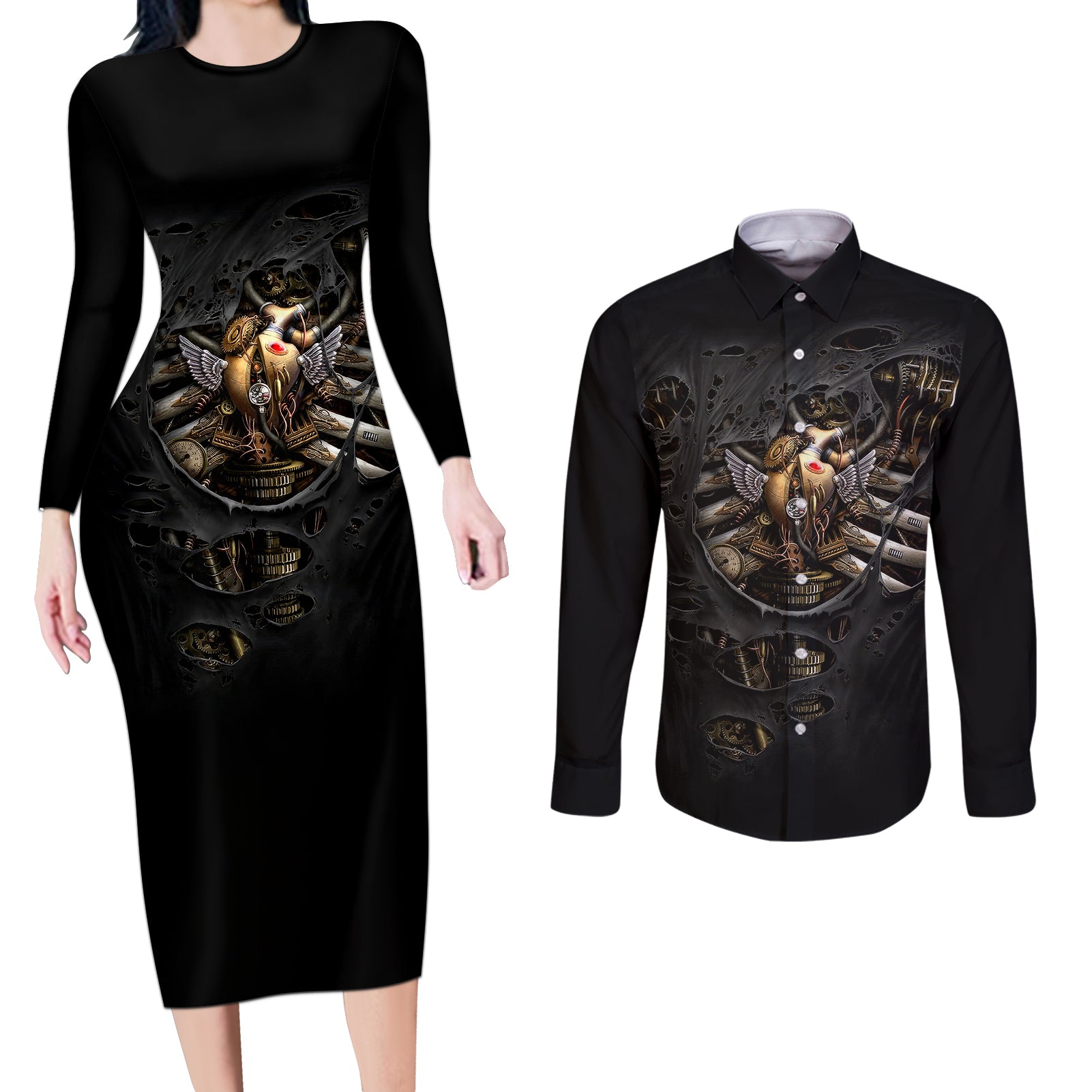 skull-couples-matching-long-sleeve-bodycon-dress-and-long-sleeve-button-shirts-skeleton-steampunk-heart-inside