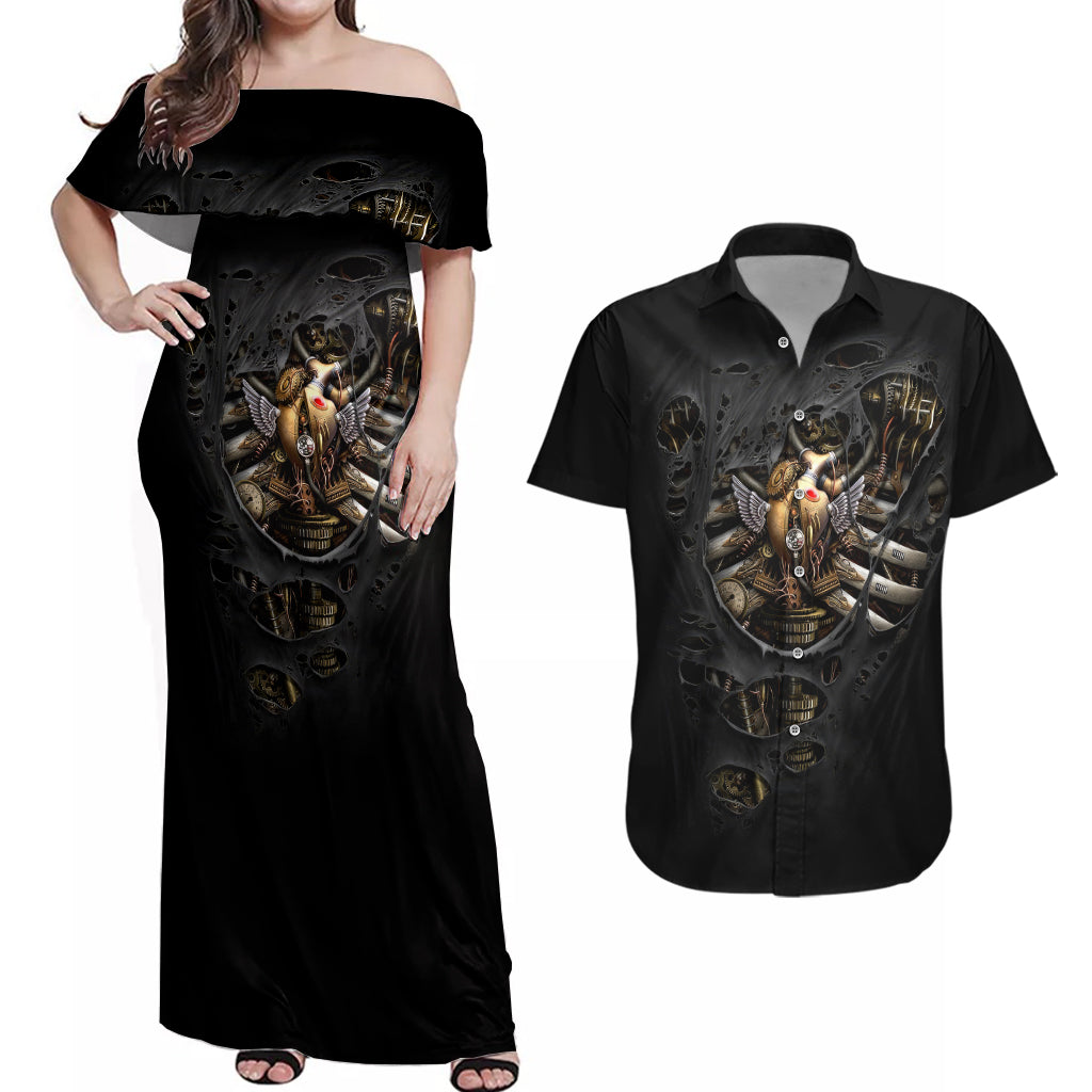 skull-couples-matching-off-shoulder-maxi-dress-and-hawaiian-shirt-skeleton-steampunk-heart-inside